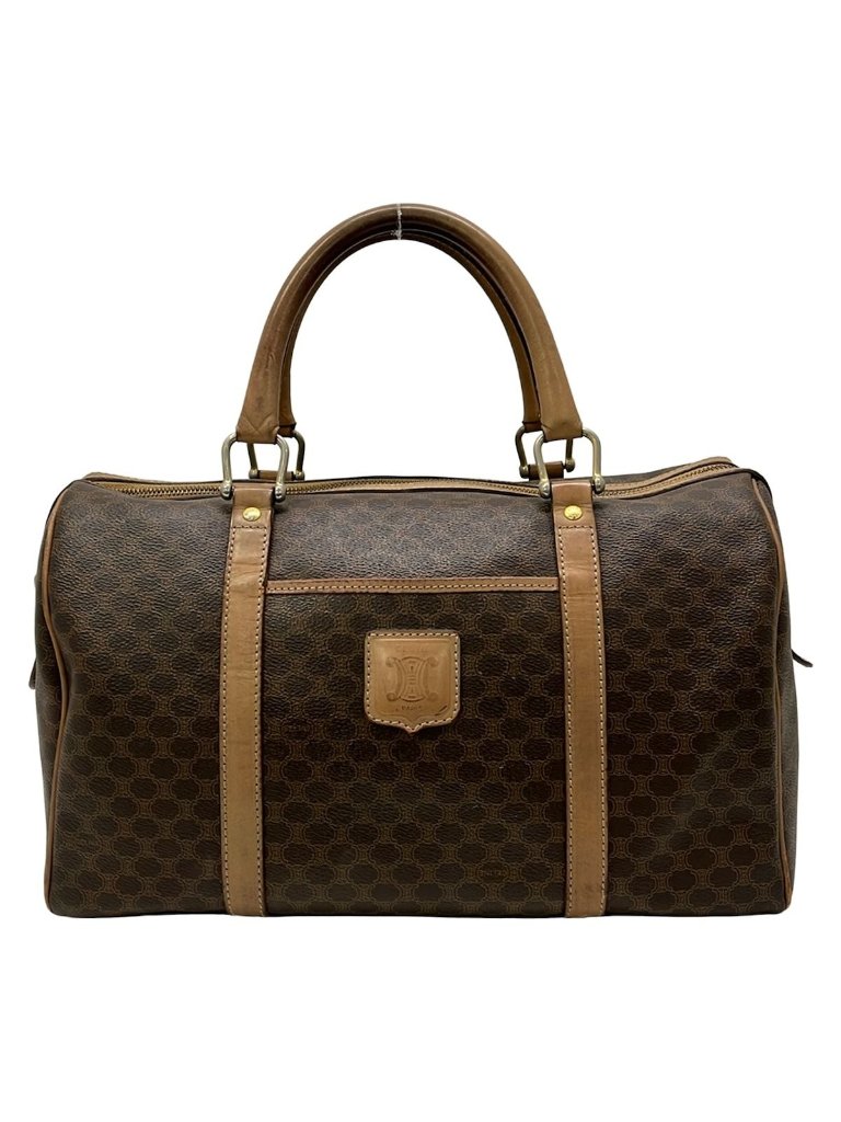 Celine Boston Bag Macadam Pattern Dark Brown No Lock Leather